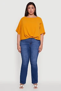 Womens Plus Size Crepe Knit Gathered Hem Dolman Sleeve Blouse, Yellow, Size 1X