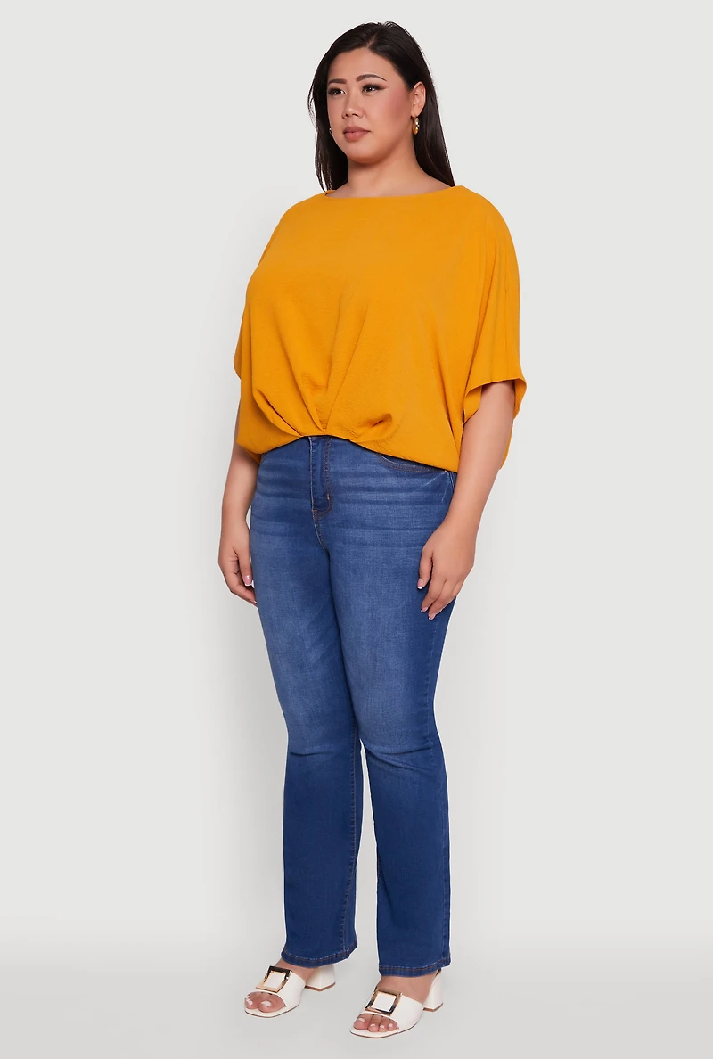 Womens Plus Size Crepe Knit Gathered Hem Dolman Sleeve Blouse, Yellow, Size 1X