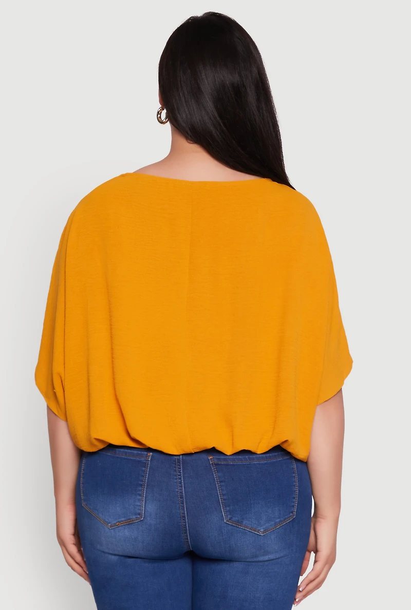 Womens Plus Size Crepe Knit Gathered Hem Dolman Sleeve Blouse, Yellow, Size 1X