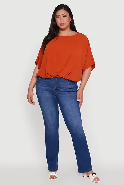 Womens Plus Crepe Knit Gathered Hem Dolman Sleeve Blouse,