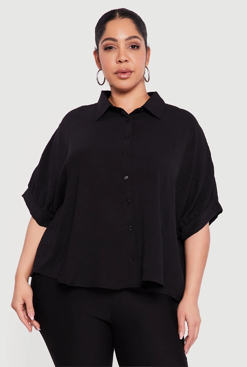 Plus Crepe Knit Button Front Shirt