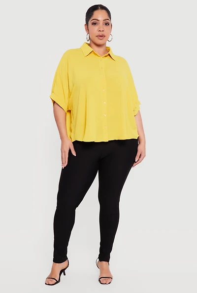 Plus Crepe Knit Button Front Shirt
