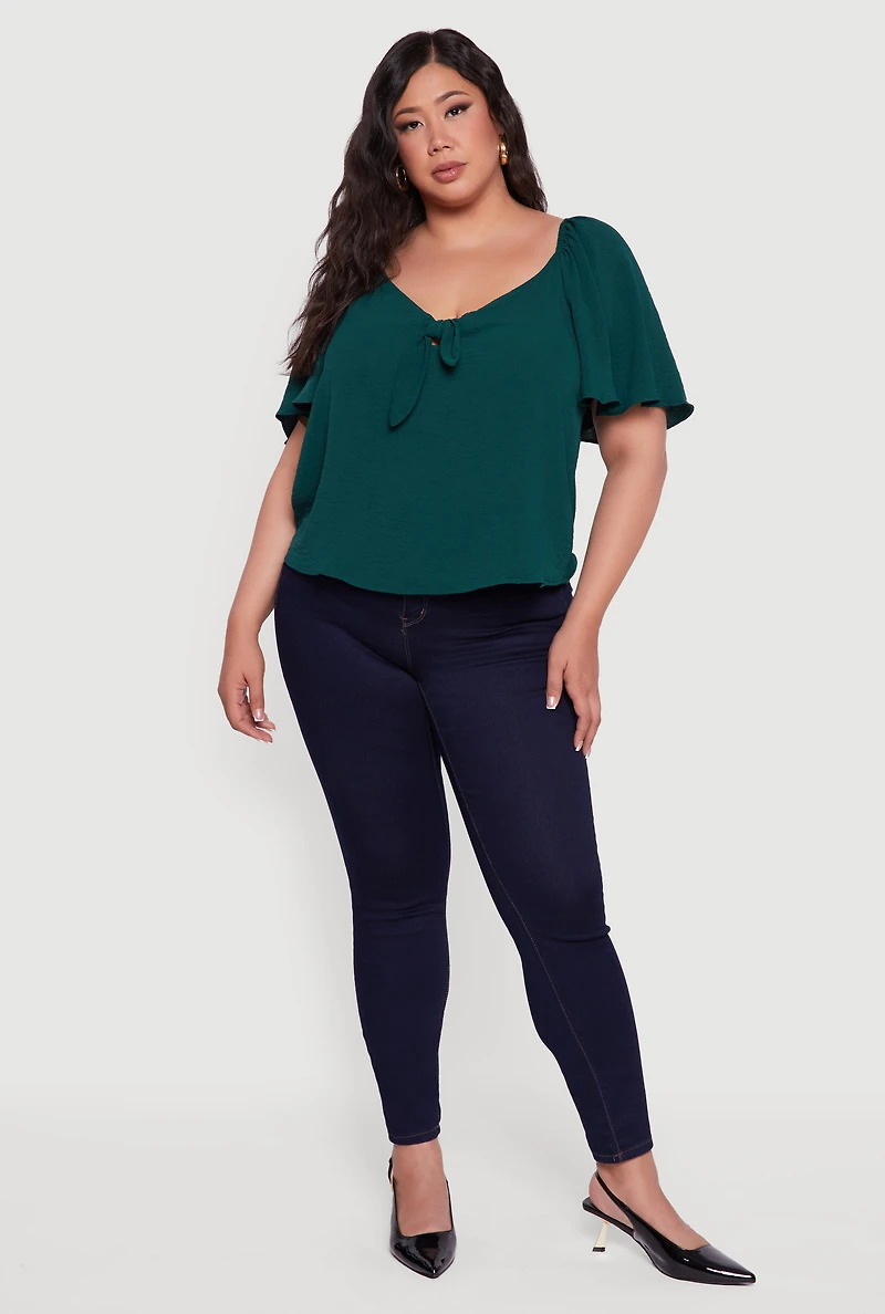 Womens Plus Size Tie Front V Neck Flutter Sleeve Blouse, Green, Size 3X