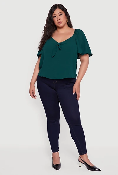 Womens Plus Size Tie Front V Neck Flutter Sleeve Blouse, Green, Size 2X