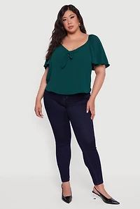 Womens Plus Size Tie Front V Neck Flutter Sleeve Blouse, Green, Size 2X