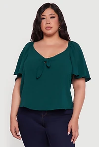 Womens Plus Size Tie Front V Neck Flutter Sleeve Blouse, Green, Size 3X