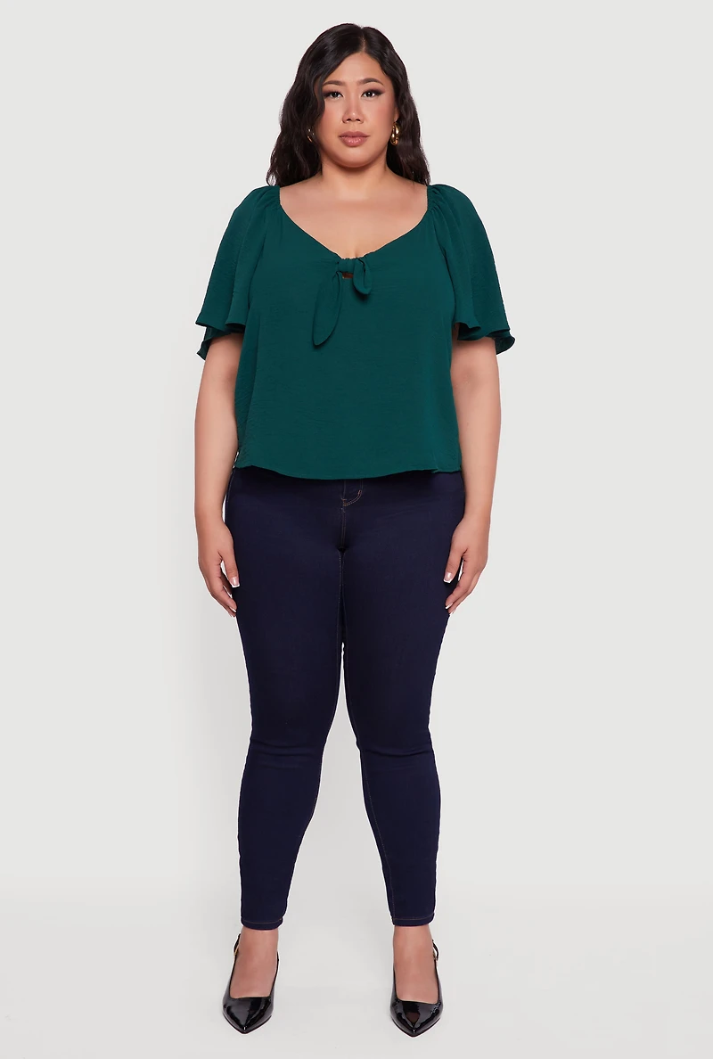 Womens Plus Size Tie Front V Neck Flutter Sleeve Blouse, Green, Size 3X