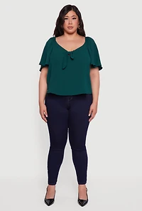 Womens Plus Size Tie Front V Neck Flutter Sleeve Blouse, Green, Size 3X