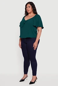 Womens Plus Size Tie Front V Neck Flutter Sleeve Blouse, Green, Size 3X