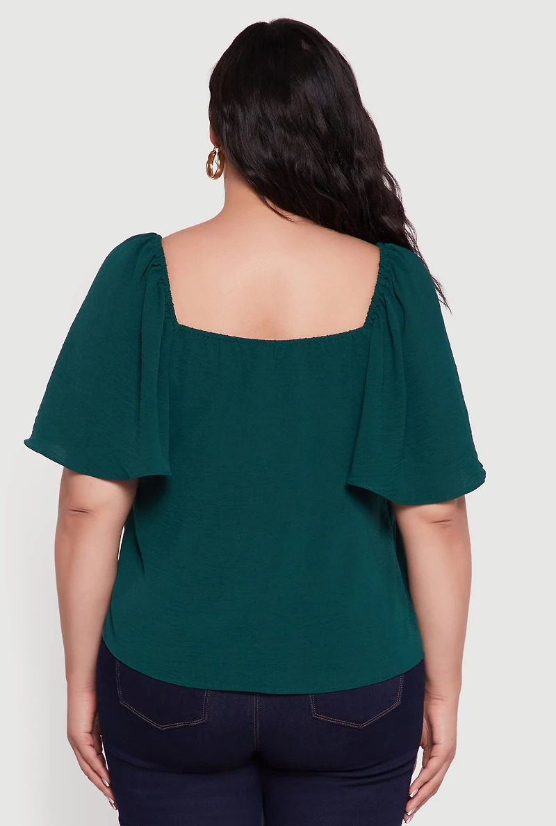 Womens Plus Size Tie Front V Neck Flutter Sleeve Blouse, Green, Size 3X