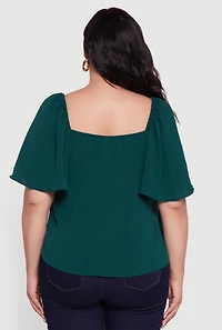 Womens Plus Size Tie Front V Neck Flutter Sleeve Blouse, Green, Size 3X
