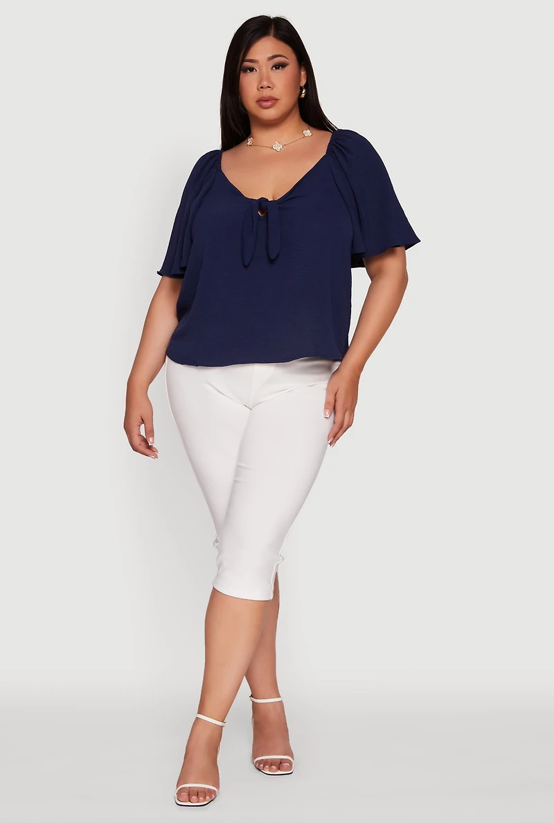 Womens Plus Size Tie Front V Neck Flutter Sleeve Blouse, Blue, Size 2X