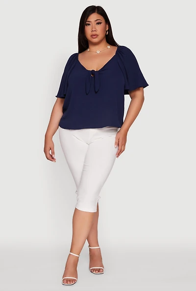 Womens Plus Size Tie Front V Neck Flutter Sleeve Blouse, Blue, Size 2X