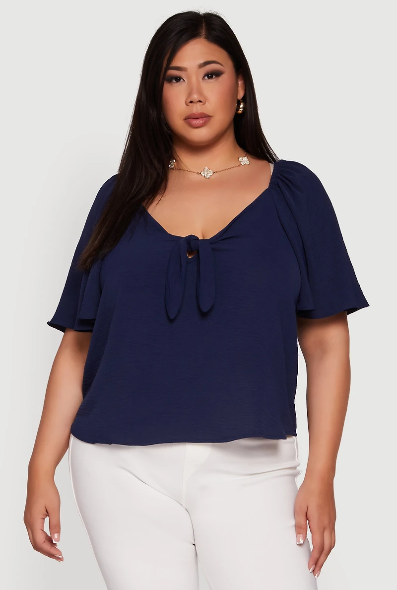 Womens Plus Size Tie Front V Neck Flutter Sleeve Blouse, Blue, Size 2X