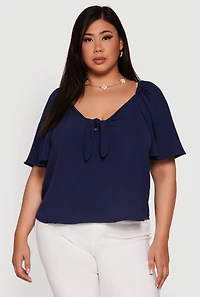 Womens Plus Size Tie Front V Neck Flutter Sleeve Blouse, Blue, Size 2X