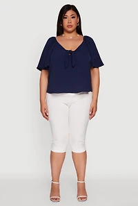 Womens Plus Size Tie Front V Neck Flutter Sleeve Blouse, Blue, Size 2X