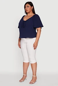 Womens Plus Size Tie Front V Neck Flutter Sleeve Blouse, Blue, Size 2X