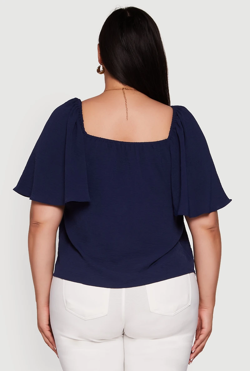 Womens Plus Size Tie Front V Neck Flutter Sleeve Blouse, Blue, Size 2X