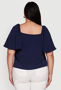 Womens Plus Size Tie Front V Neck Flutter Sleeve Blouse, Blue, Size 2X