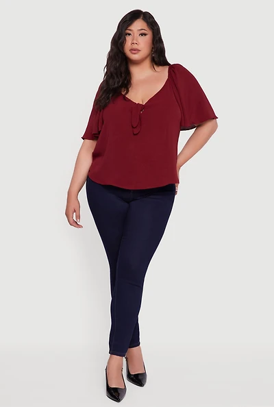 Womens Plus Tie Front V Neck Flutter Sleeve Blouse,