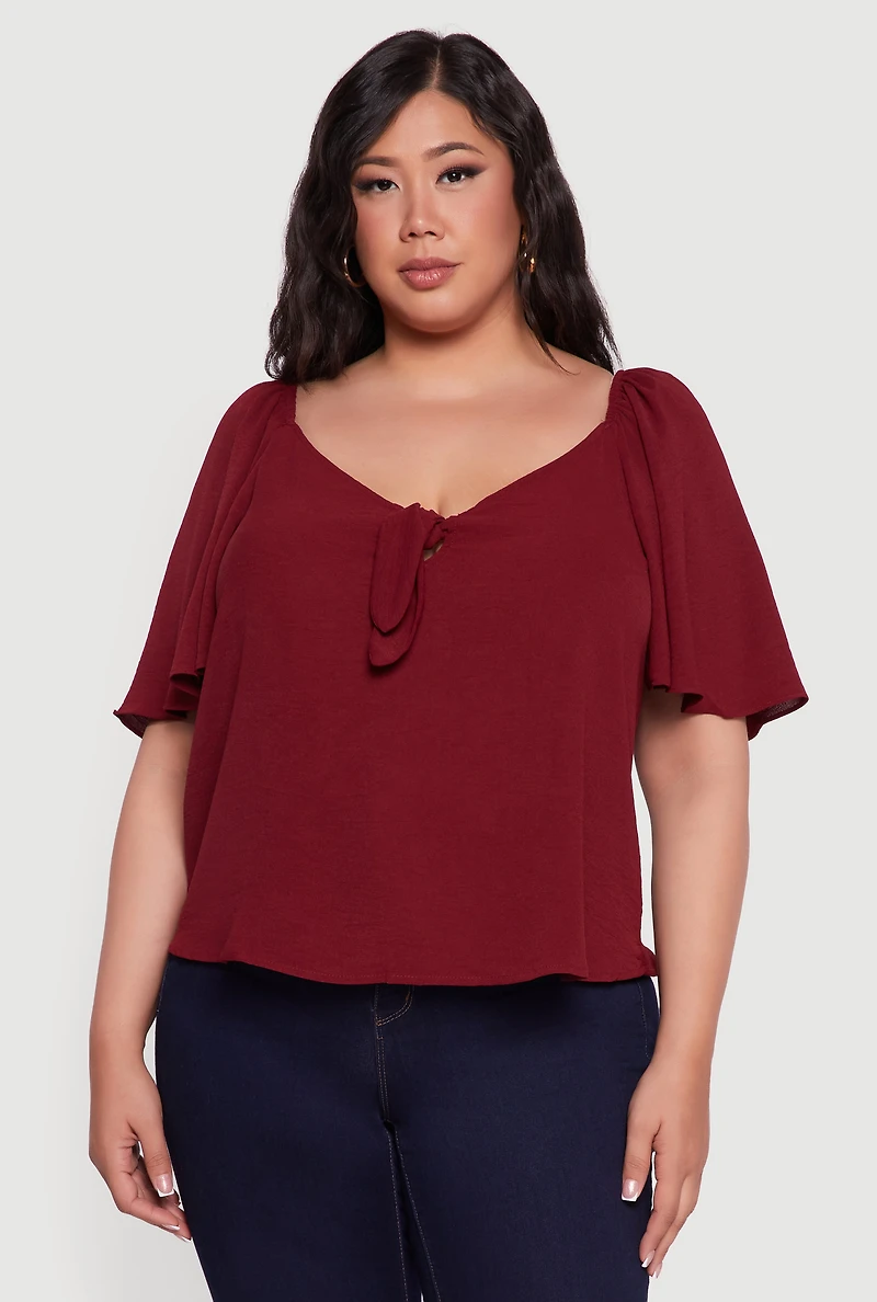 Womens Plus Tie Front V Neck Flutter Sleeve Blouse,