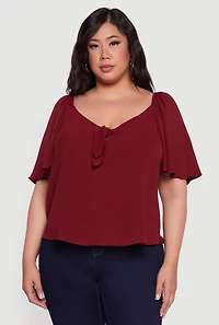 Womens Plus Tie Front V Neck Flutter Sleeve Blouse,