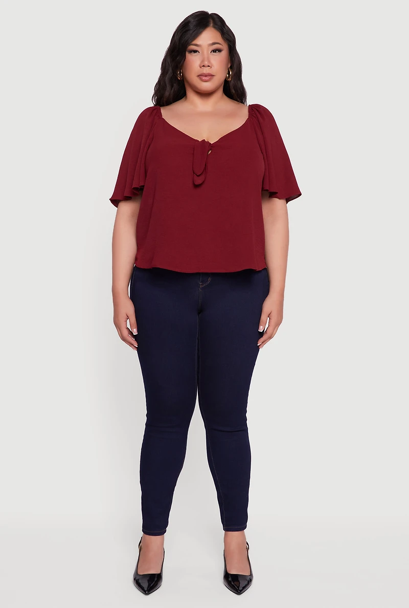 Womens Plus Tie Front V Neck Flutter Sleeve Blouse,