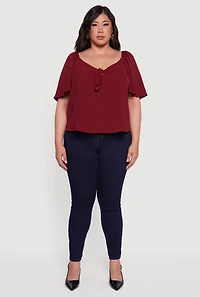 Womens Plus Tie Front V Neck Flutter Sleeve Blouse,
