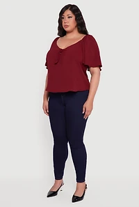 Womens Plus Size Tie Front V Neck Flutter Sleeve Blouse, Burgundy, Size 2X
