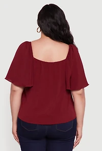 Womens Plus Tie Front V Neck Flutter Sleeve Blouse,