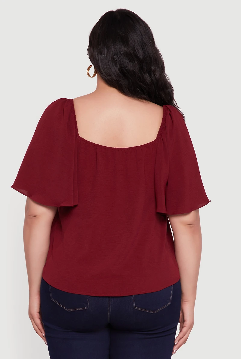 Womens Plus Size Tie Front V Neck Flutter Sleeve Blouse, Burgundy, Size 3X