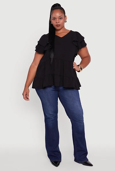 Womens Plus Crepe Knit V-Neck Ruffle Tiered Blouse,