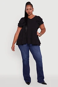 Womens Plus Crepe Knit V-Neck Ruffle Tiered Blouse,