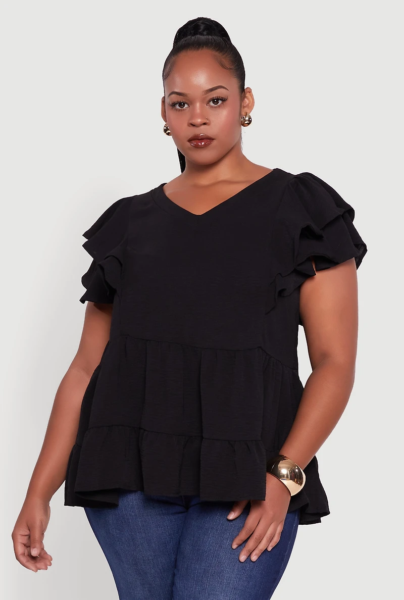 Womens Plus Crepe Knit V-Neck Ruffle Tiered Blouse,