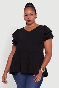 Womens Plus Crepe Knit V-Neck Ruffle Tiered Blouse,
