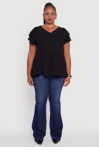 Womens Plus Crepe Knit V-Neck Ruffle Tiered Blouse,