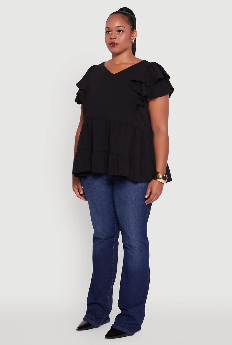 Womens Plus Crepe Knit V-Neck Ruffle Tiered Blouse,