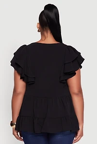Womens Plus Crepe Knit V-Neck Ruffle Tiered Blouse,