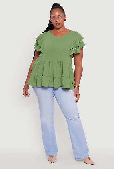 Womens Plus Size Crepe Knit V-Neck Ruffle Tiered Blouse, Green, Size 2X