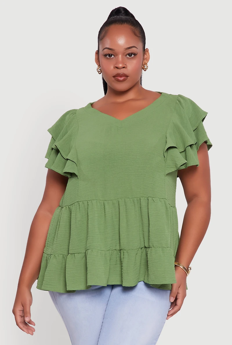 Womens Plus Size Crepe Knit V-Neck Ruffle Tiered Blouse, Green, Size 2X