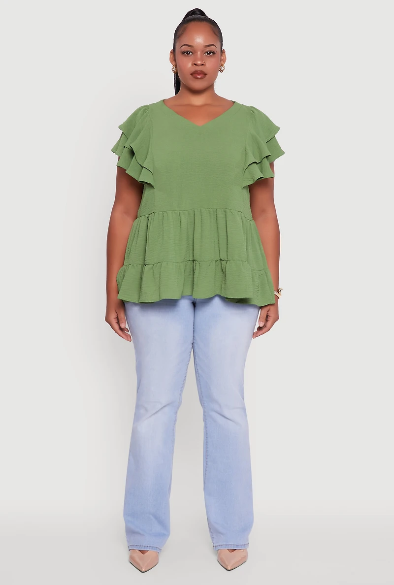 Womens Plus Size Crepe Knit V-Neck Ruffle Tiered Blouse, Green, Size 2X