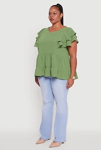 Womens Plus Size Crepe Knit V-Neck Ruffle Tiered Blouse, Green, Size 2X