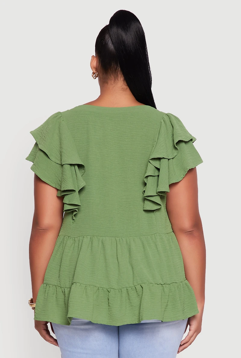 Womens Plus Size Crepe Knit V-Neck Ruffle Tiered Blouse, Green, Size 2X