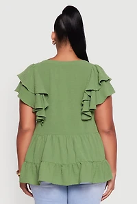 Womens Plus Size Crepe Knit V-Neck Ruffle Tiered Blouse, Green, Size 2X