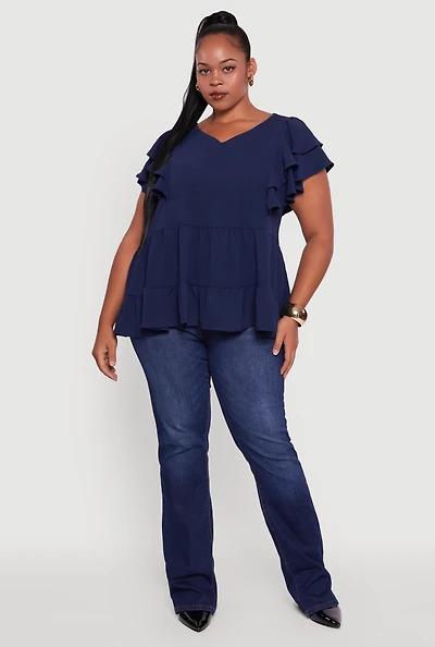 Womens Plus Size Crepe Knit V-Neck Ruffle Tiered Blouse, Blue, Size 3X