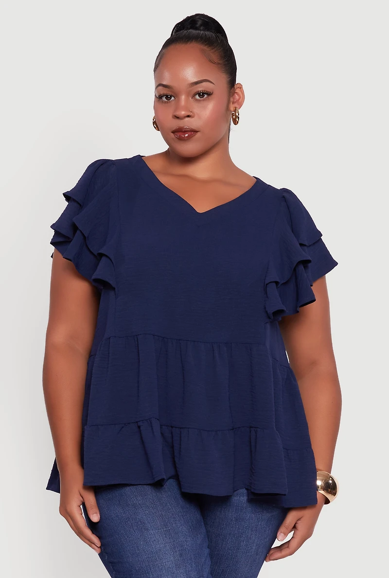 Womens Plus Size Crepe Knit V-Neck Ruffle Tiered Blouse, Blue, Size 3X