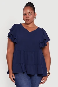 Womens Plus Size Crepe Knit V-Neck Ruffle Tiered Blouse, Blue, Size 3X
