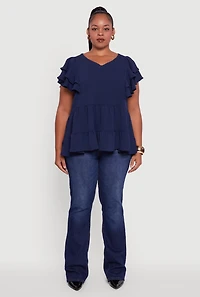 Womens Plus Size Crepe Knit V-Neck Ruffle Tiered Blouse, Blue, Size 2X