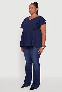 Womens Plus Size Crepe Knit V-Neck Ruffle Tiered Blouse, Blue, Size 3X
