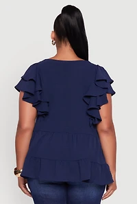 Womens Plus Size Crepe Knit V-Neck Ruffle Tiered Blouse, Blue, Size 3X
